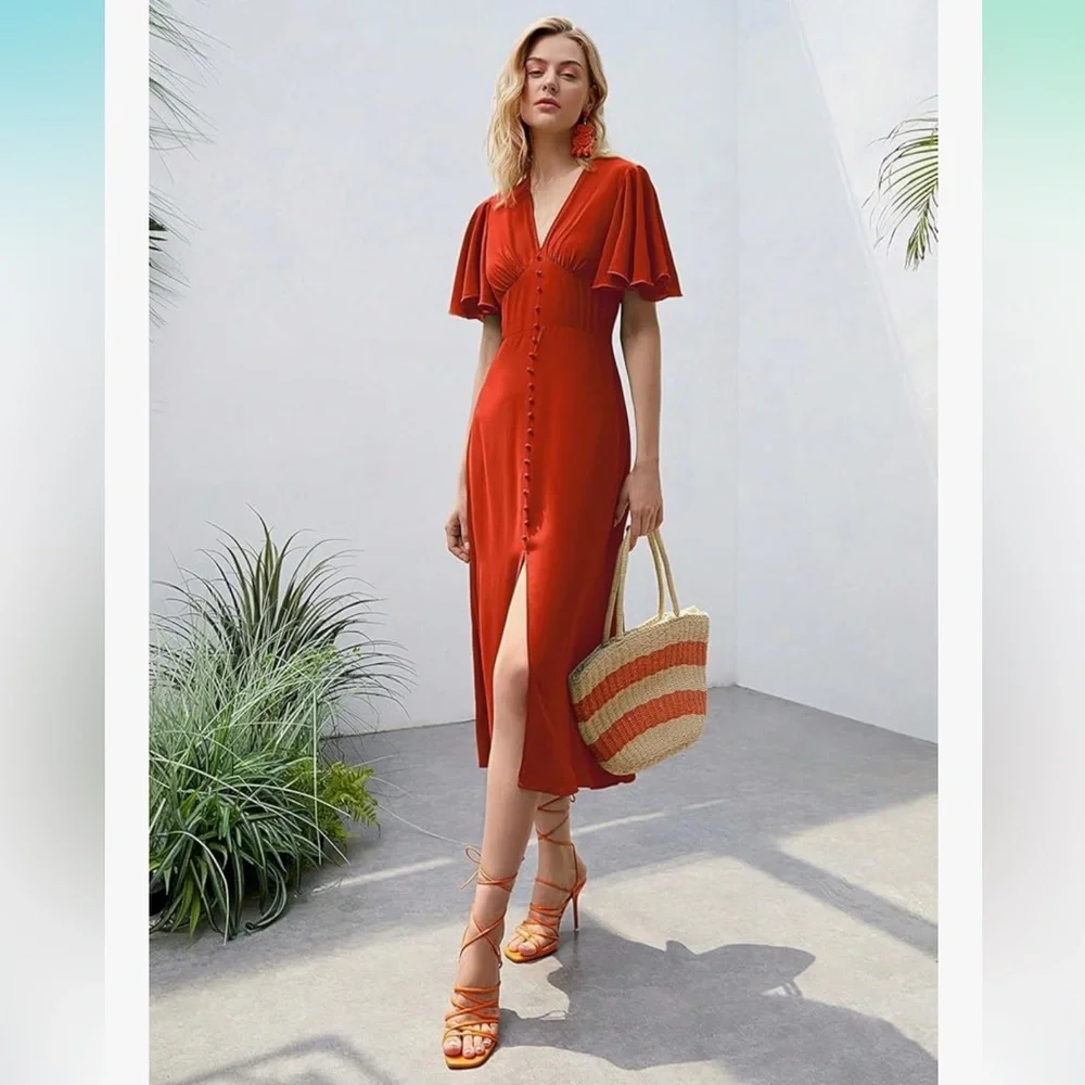 Elegant Orange Midi Classic Pinup Inspired Short Sleeve Women’s Dress Size Large - Picture 2 of 9